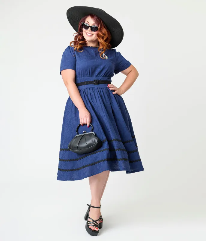 Unique Vintage Plus Size Navy & Black Peacock Cotton Swing Dress sold by Unique Vintage