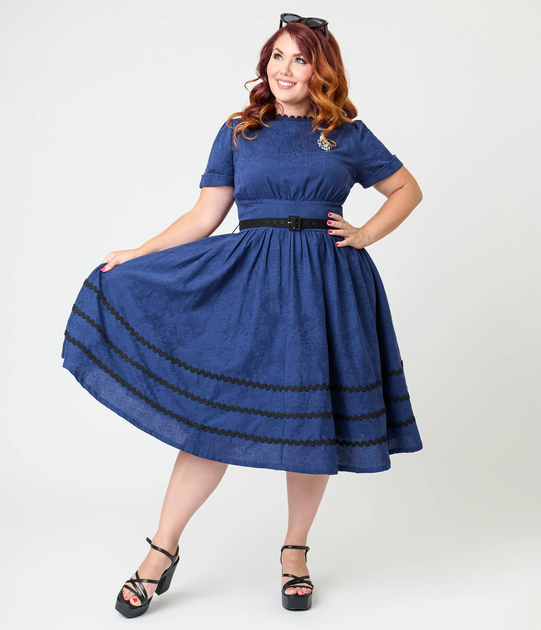 Unique Vintage Plus Size Navy & Black Peacock Cotton Swing Dress sold by Unique Vintage product image thumbnail 4
