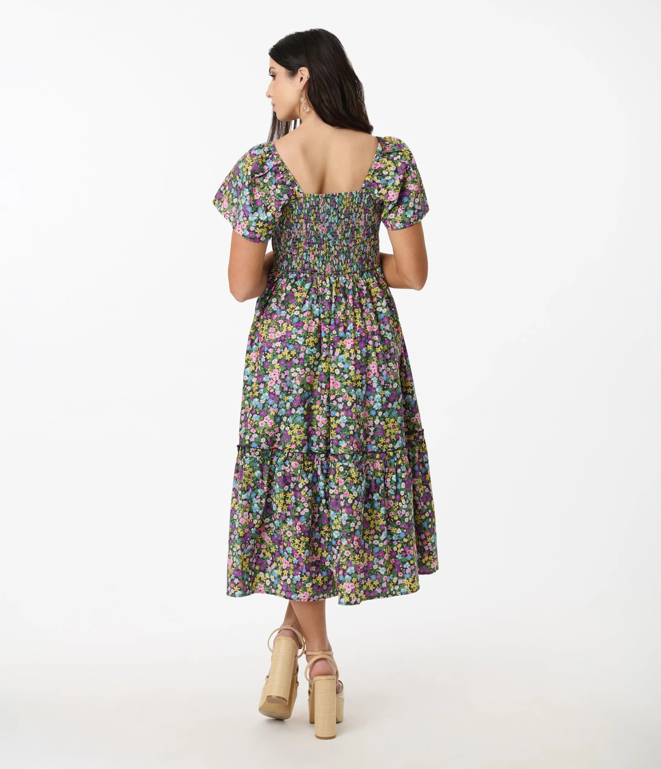 Unique Vintage Purple Ditsy Floral Smocked Bodice Midi Dress sold by Unique Vintage product image thumbnail 3