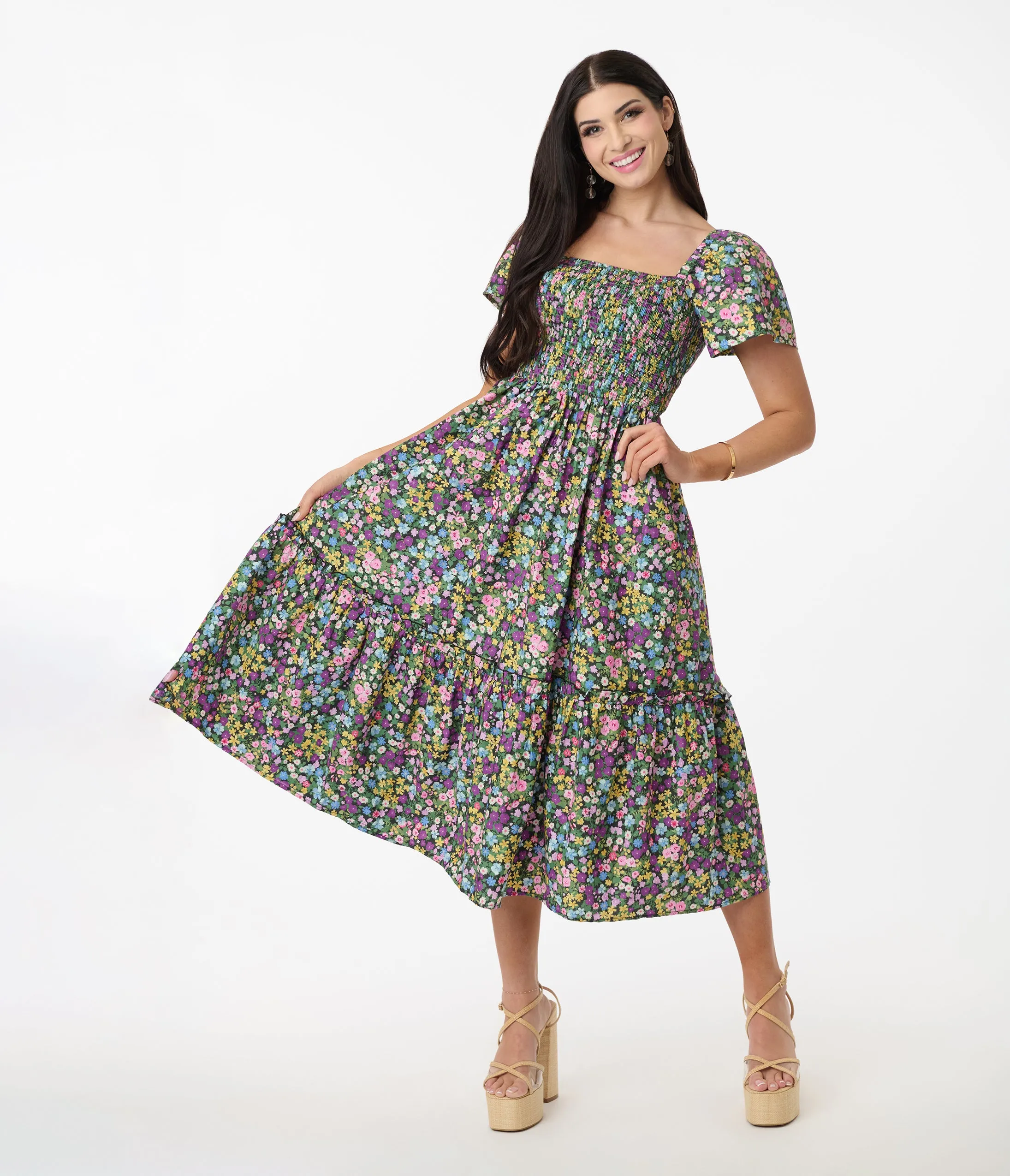 Unique Vintage Purple Ditsy Floral Smocked Bodice Midi Dress sold by Unique Vintage