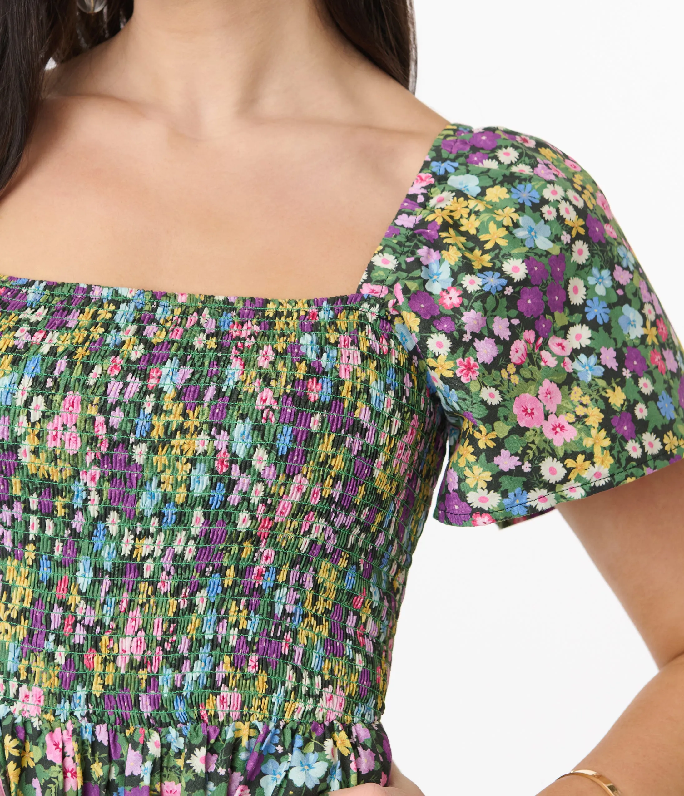 Unique Vintage Purple Ditsy Floral Smocked Bodice Midi Dress sold by Unique Vintage product image thumbnail 2