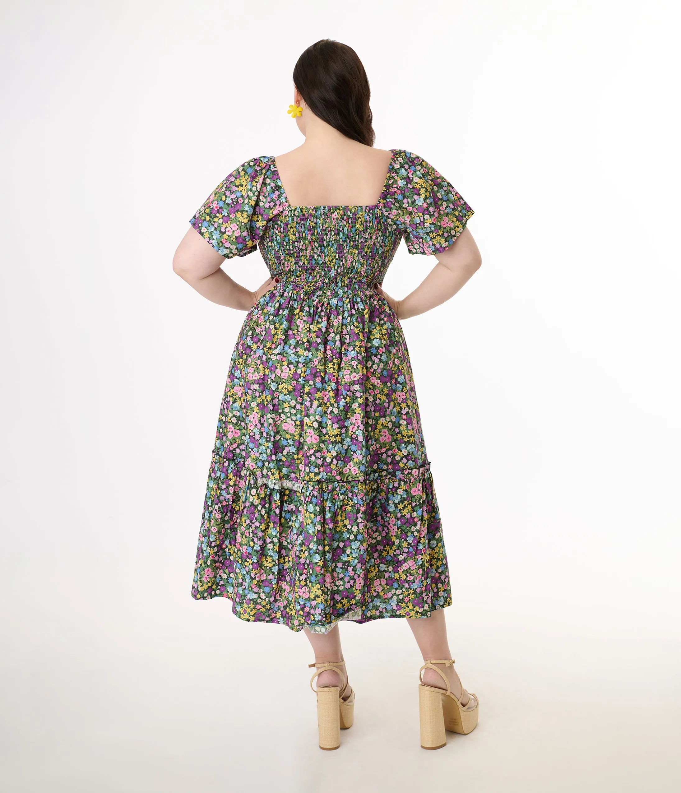 Unique Vintage Plus Size Purple Ditsy Floral Smocked Bodice Midi Dress sold by Unique Vintage product image thumbnail 3