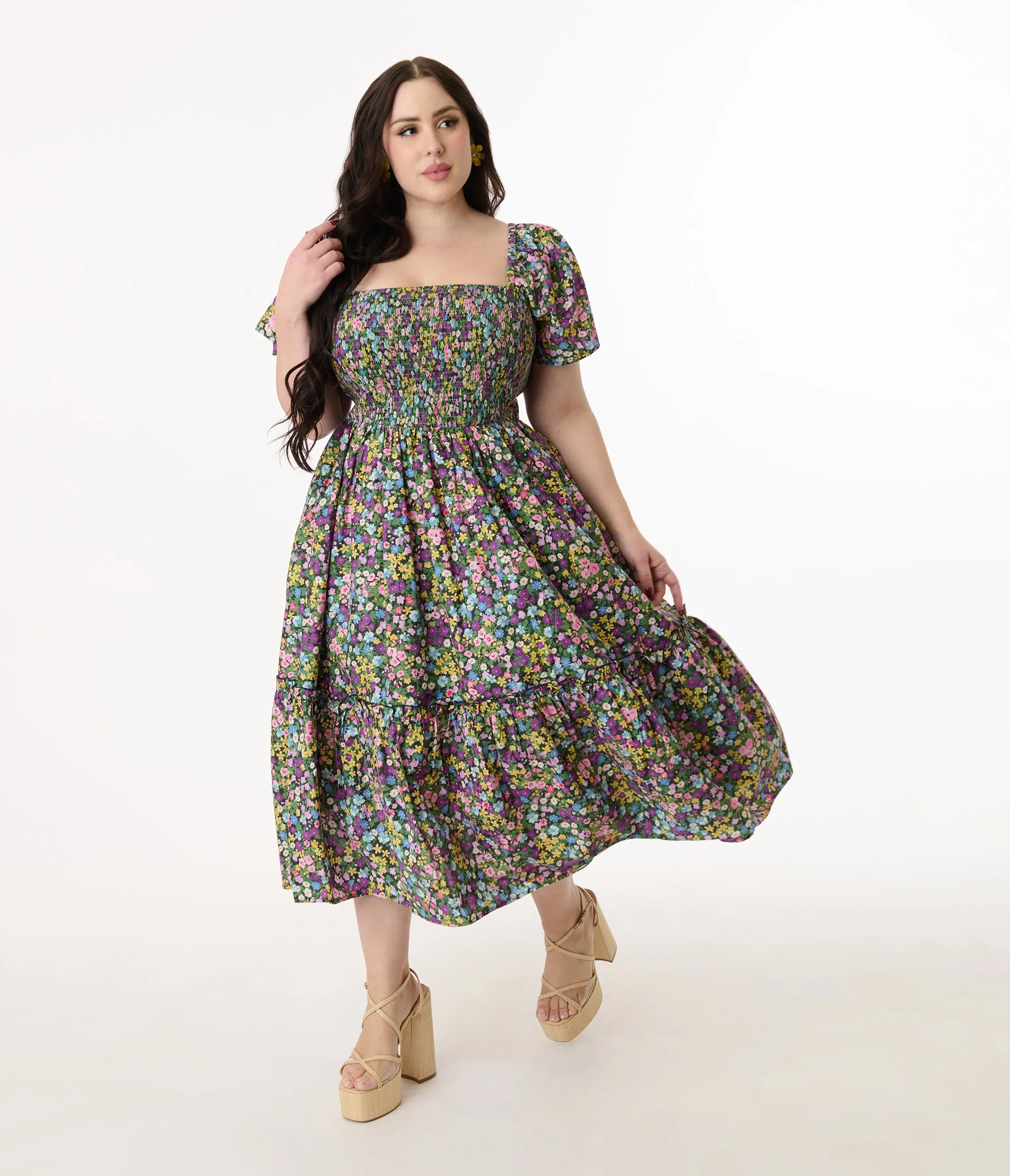 Unique Vintage Plus Size Purple Ditsy Floral Smocked Bodice Midi Dress sold by Unique Vintage