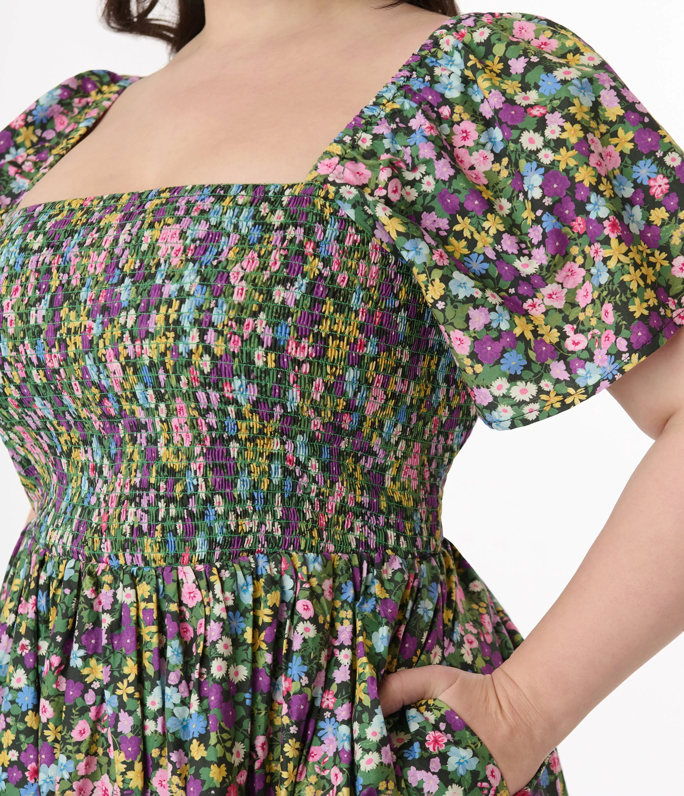 Unique Vintage Plus Size Purple Ditsy Floral Smocked Bodice Midi Dress sold by Unique Vintage product image thumbnail 2