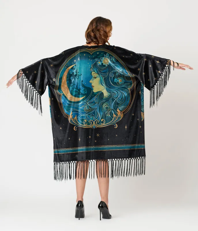 Unique Vintage Black Art Nouveau Fringe Kimono sold by Unique Vintage
