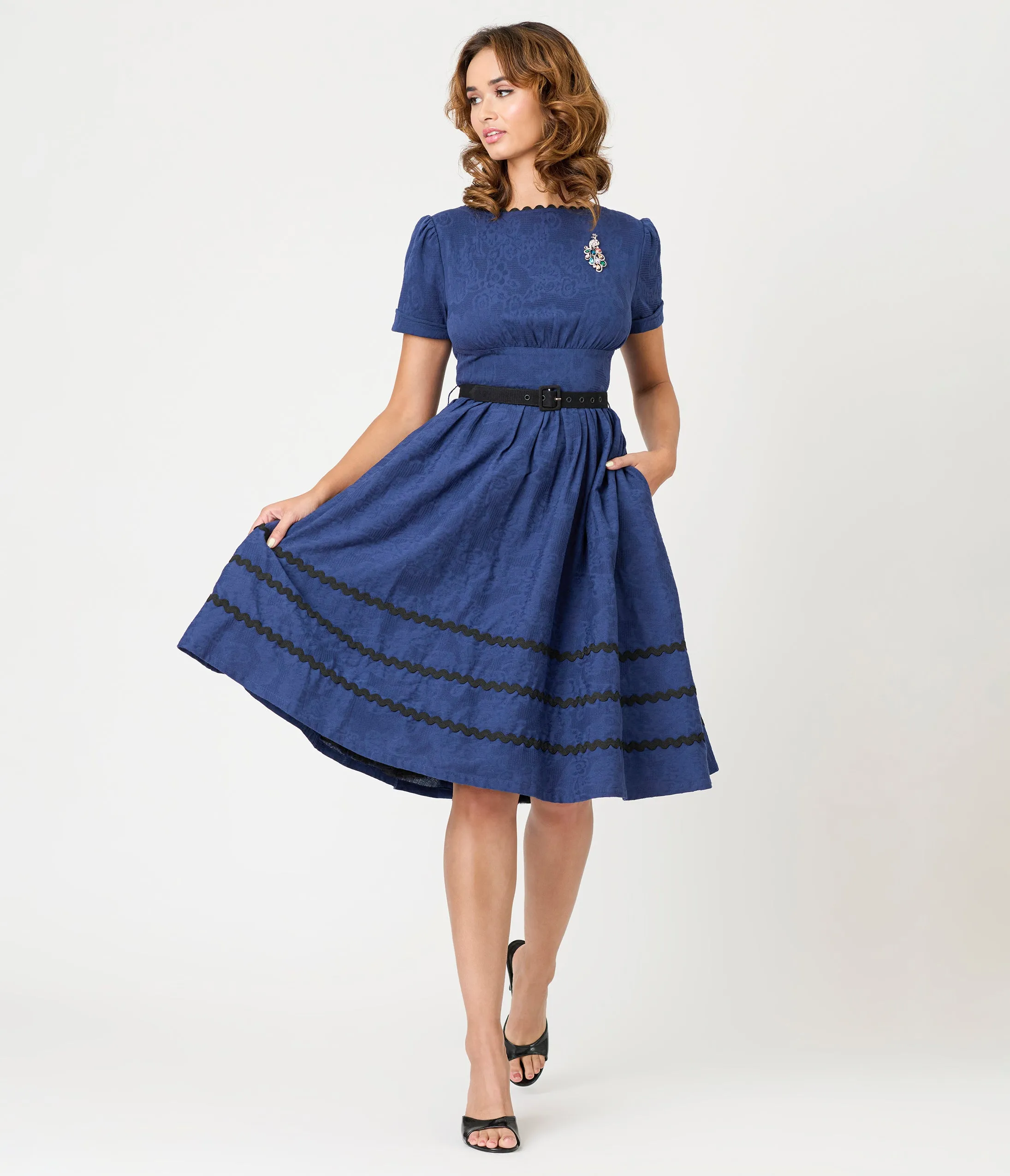 Unique Vintage Navy & Black Peacock Pin Cotton Swing Dress sold by Unique Vintage