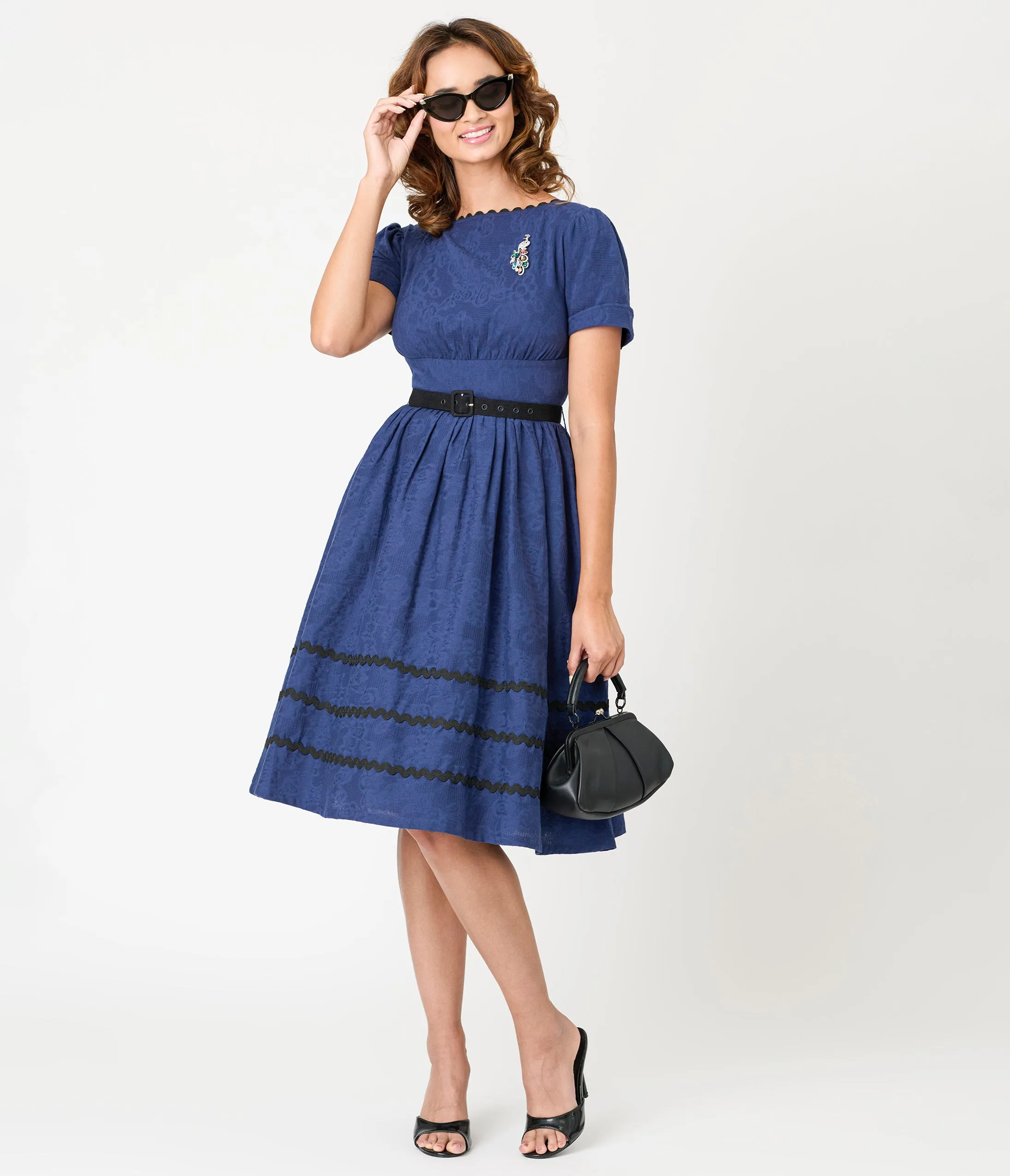 Unique Vintage Navy & Black Peacock Pin Cotton Swing Dress sold by Unique Vintage product image thumbnail 3
