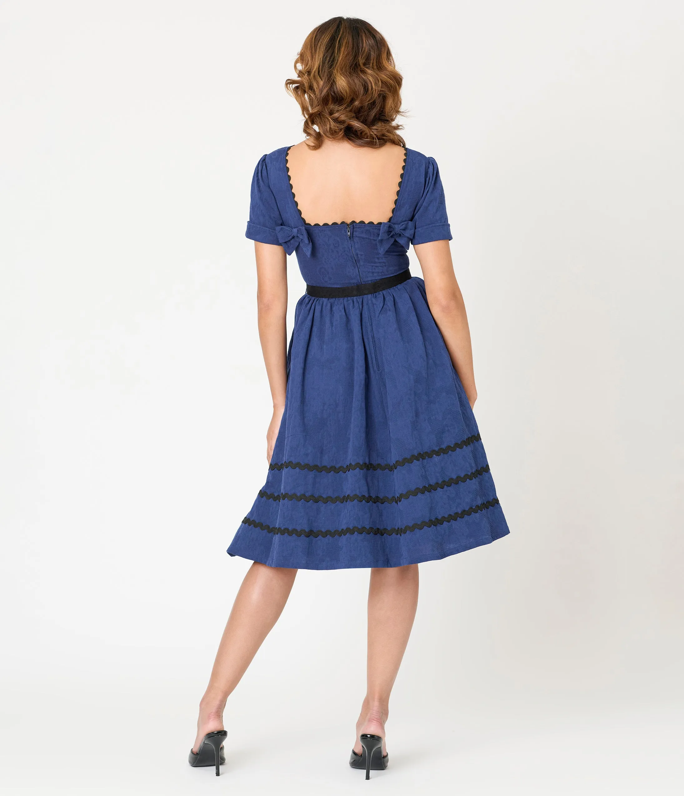 Unique Vintage Navy & Black Peacock Pin Cotton Swing Dress sold by Unique Vintage product image thumbnail 2