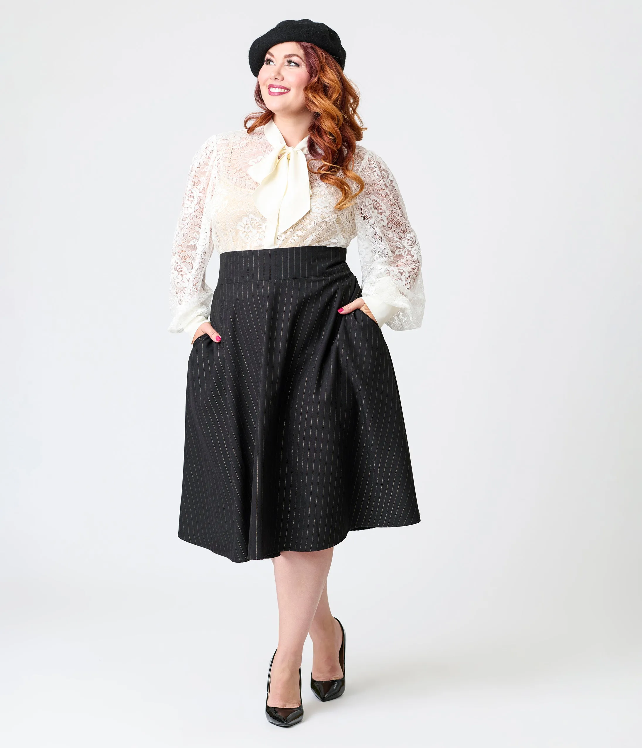 Unique Vintage Plus Size Black & Gold Stripe Vivian Swing Skirt sold by Unique Vintage