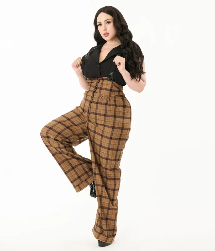 Unique Vintage Plus Size Brown Plaid Thelma Suspender Pants sold by Unique Vintage