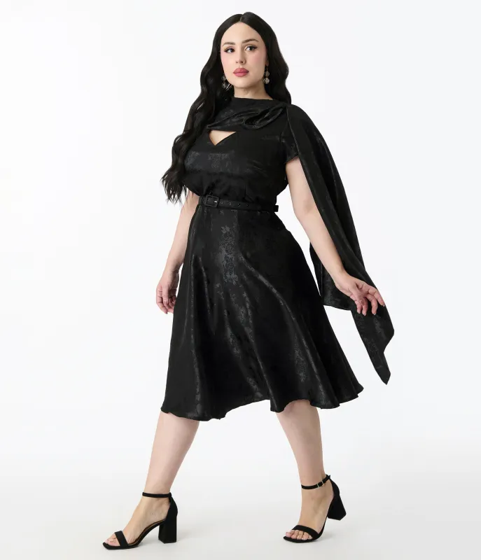 Unique Vintage Plus Size Black Jacquard Sash Swing Dress sold by Unique Vintage