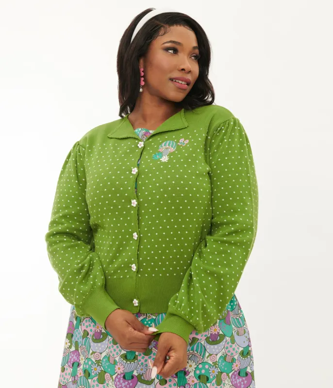 Smak Parlour Plus Size Green & White Polka Dot Mushroom Embroidered Cardigan made by Unique Vintage