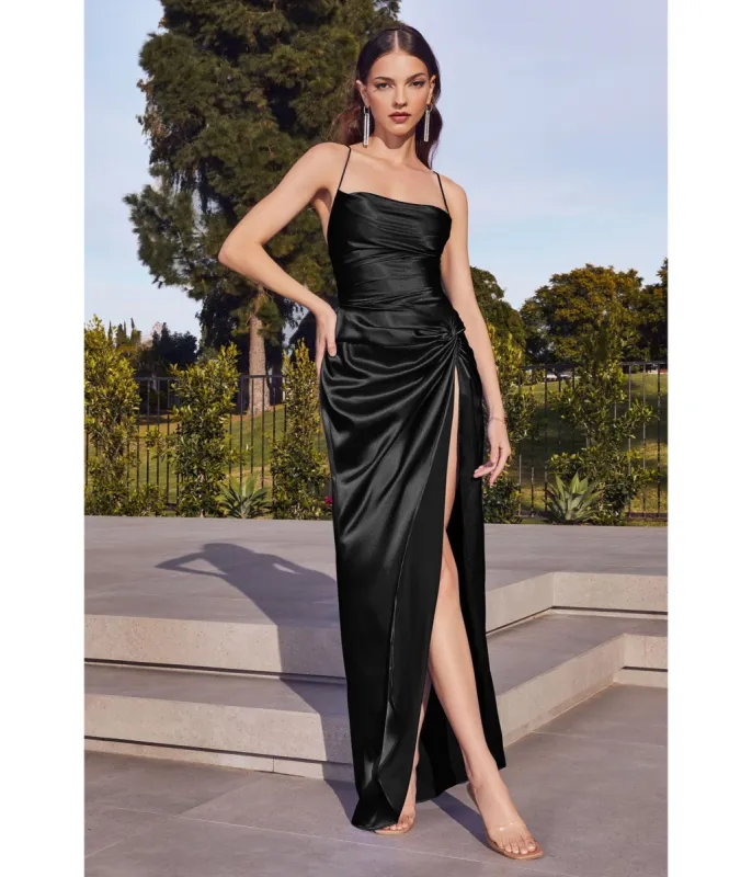 Cinderella Divine  Black Draped Satin Slit Bridesmaid Dress sold by Unique Vintage