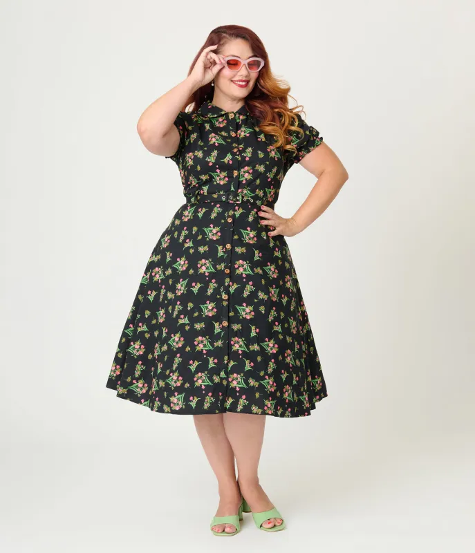 Royal Monk Plus Size Black & Pink Floral Star Jules Flare Dress sold by Unique Vintage