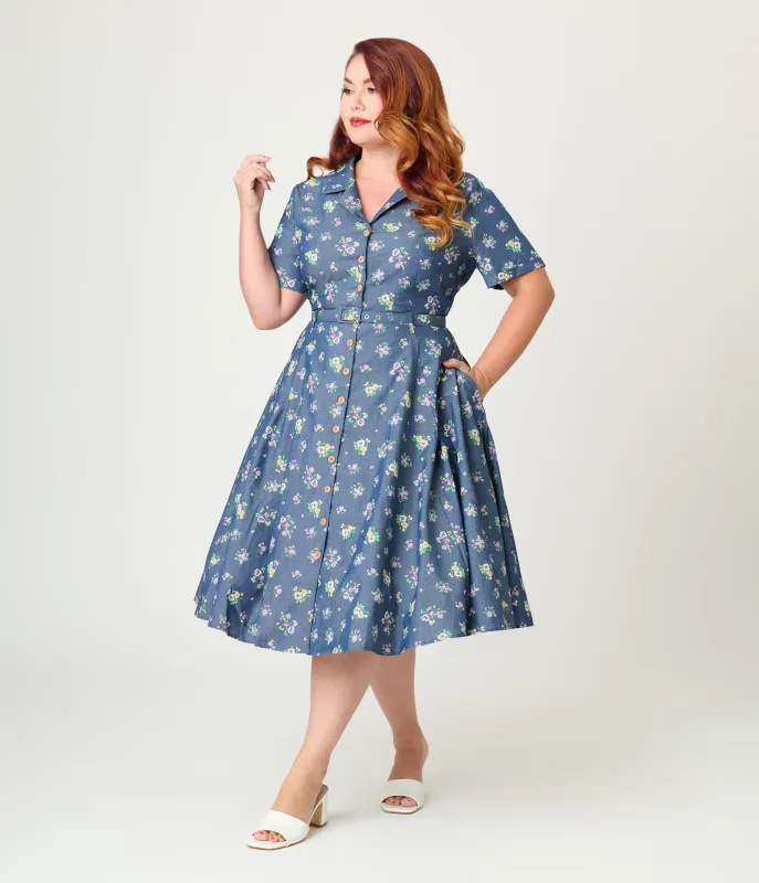 Royal Monk Plus Size Blue Floral Bloom Print Bella Swing Dress sold by Unique Vintage