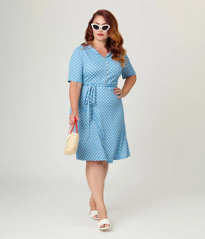Royal Monk Plus Size Blue & White Polka Dot Ellen Swing Dress sold by Unique Vintage