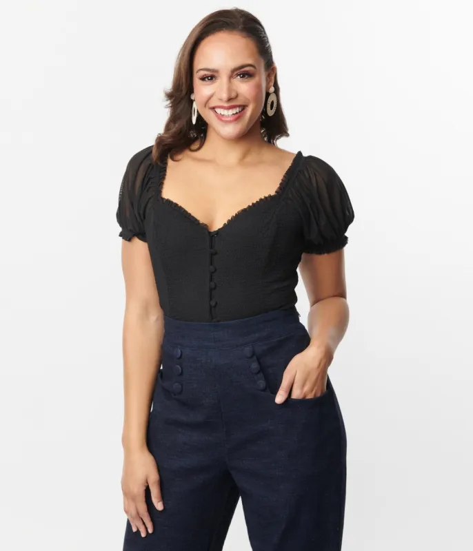 Unique Vintage Black Textured Sweetheart Puff Sleeve Top sold by Unique Vintage