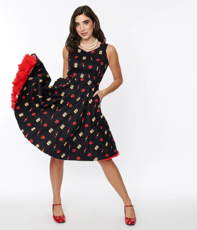 Black Makeup Print Swing Dress sold by Unique Vintage