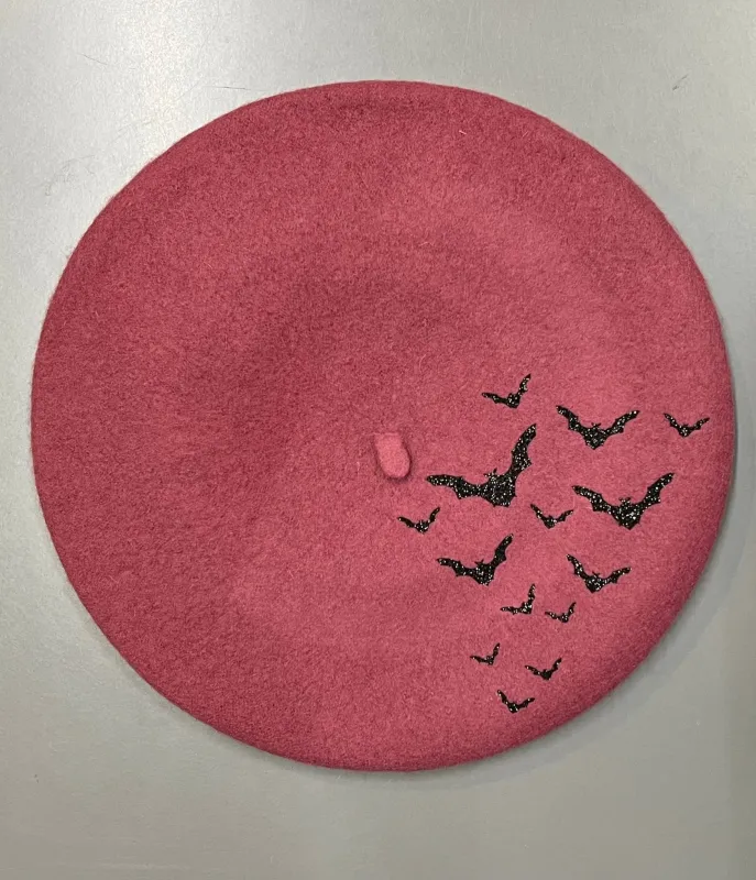 Witchwood Bags Pink & Black Glitter Bats Vegan Beret sold by Unique Vintage