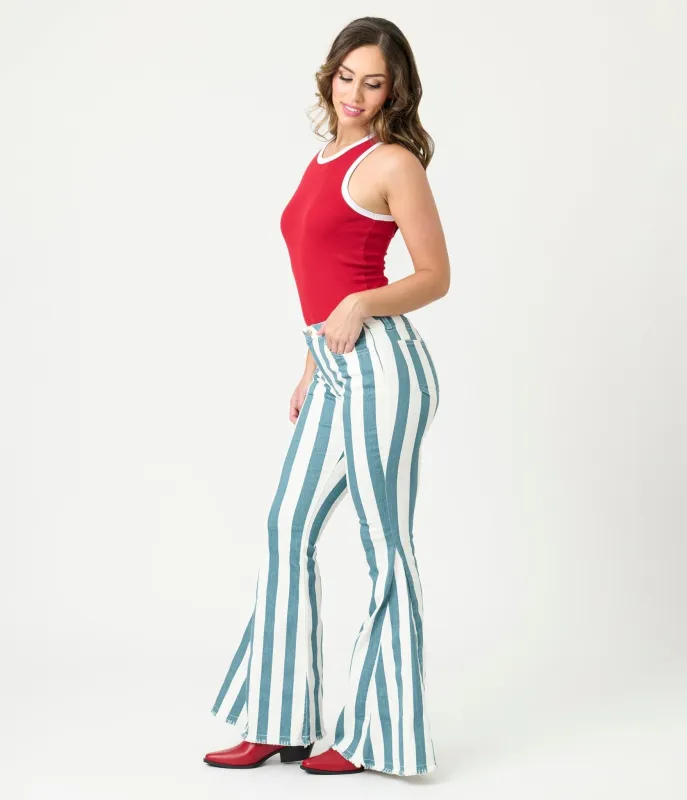 1970s Deep Teal Striped Bell Bottom Jeans sold by Unique Vintage