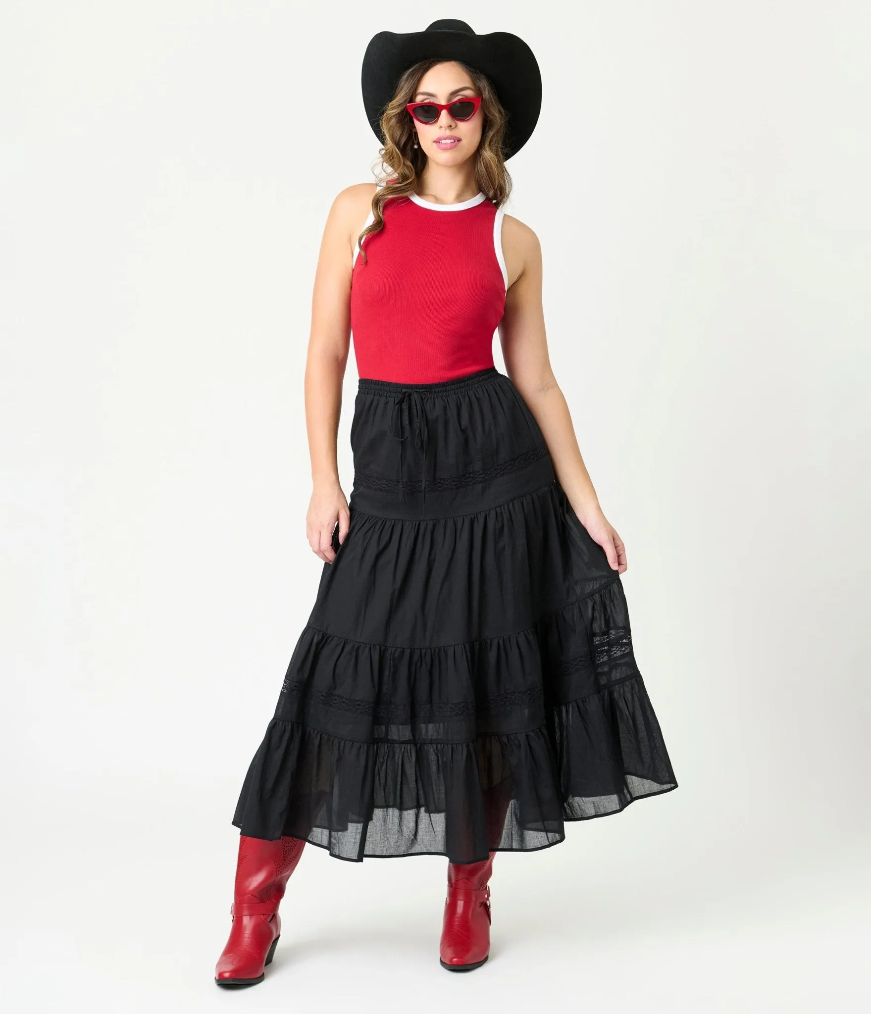 Black Tiered Maxi Skirt sold by Unique Vintage