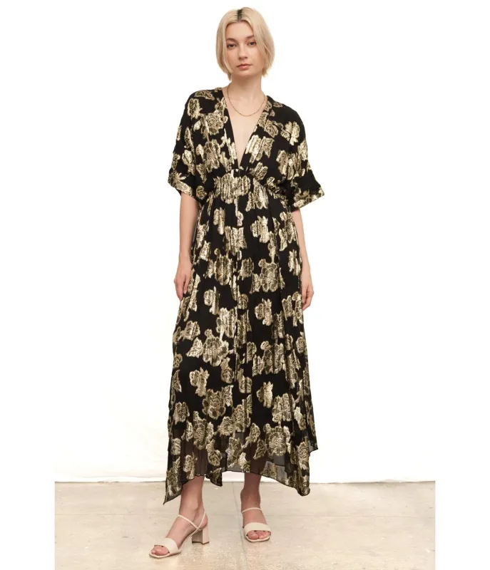 Black & Gold Floral Kimono Sleeve Maxi Dress sold by Unique Vintage