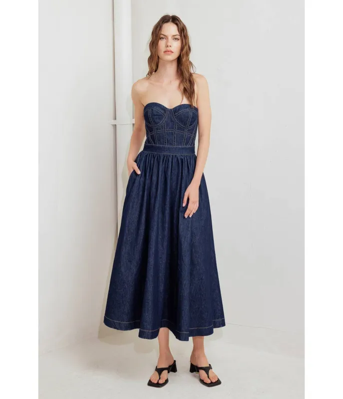 Denim Strapless Midi Dress sold by Unique Vintage