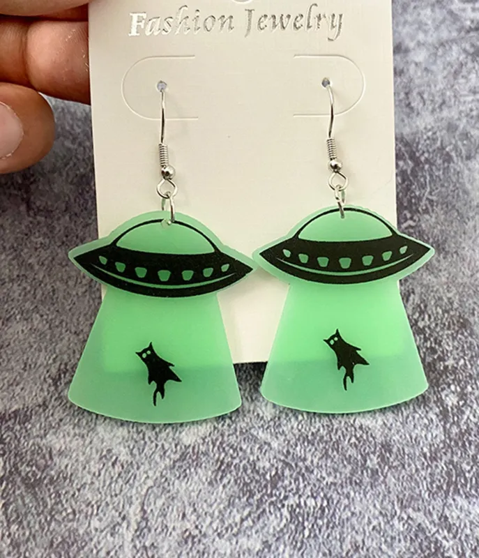 Luminous UFO Cat Abduction Earrings made by Unique Vintage