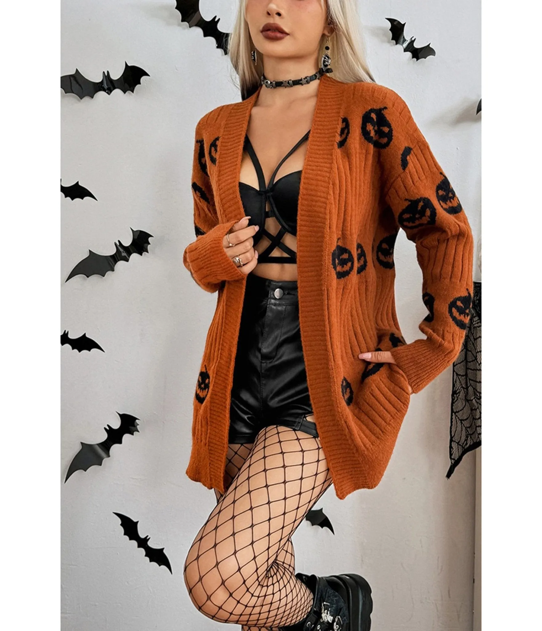 Orange & Black Pumpkin Open Front Cardigan sold by Unique Vintage product image thumbnail 3