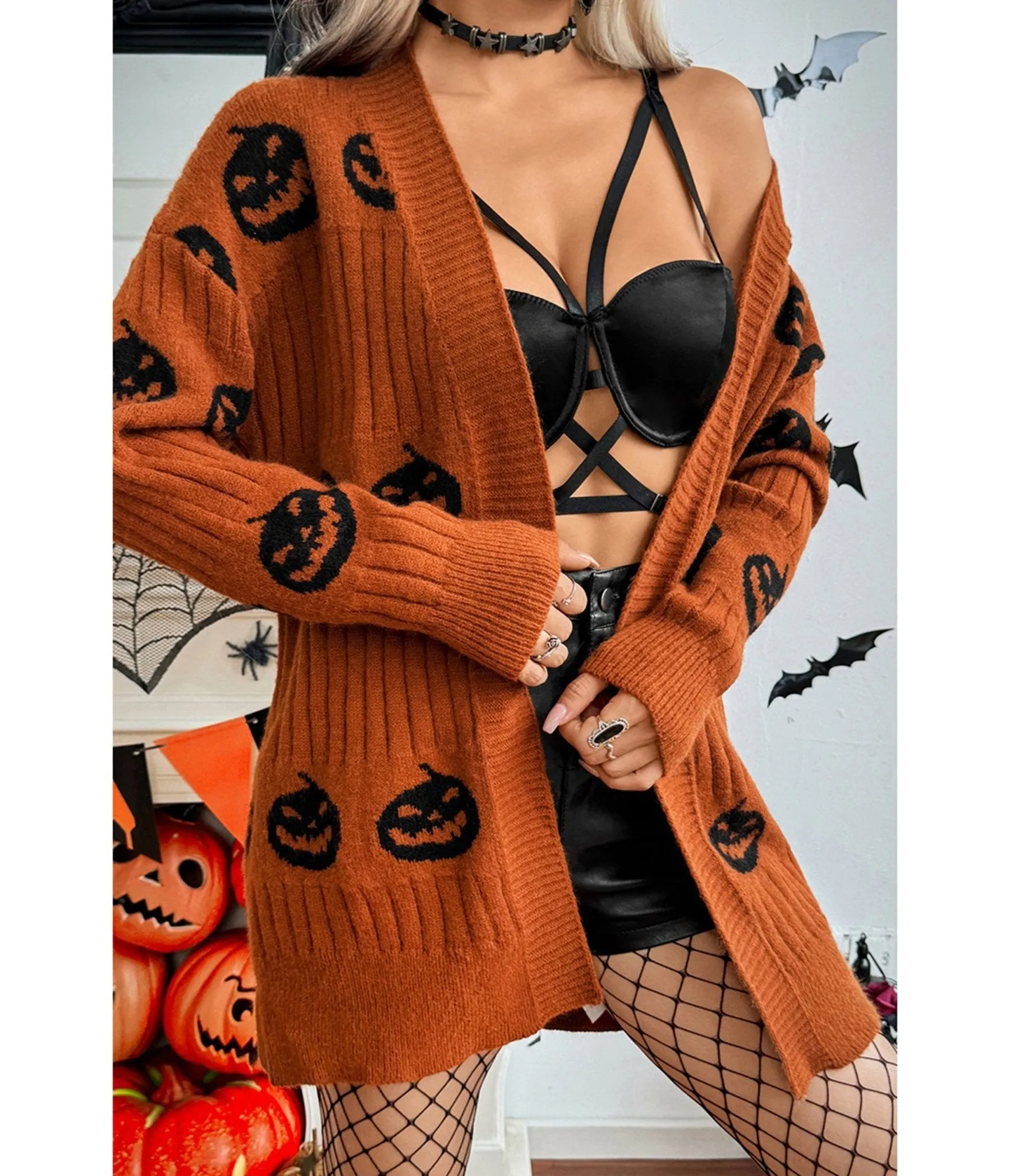 Orange & Black Pumpkin Open Front Cardigan sold by Unique Vintage product image thumbnail 4