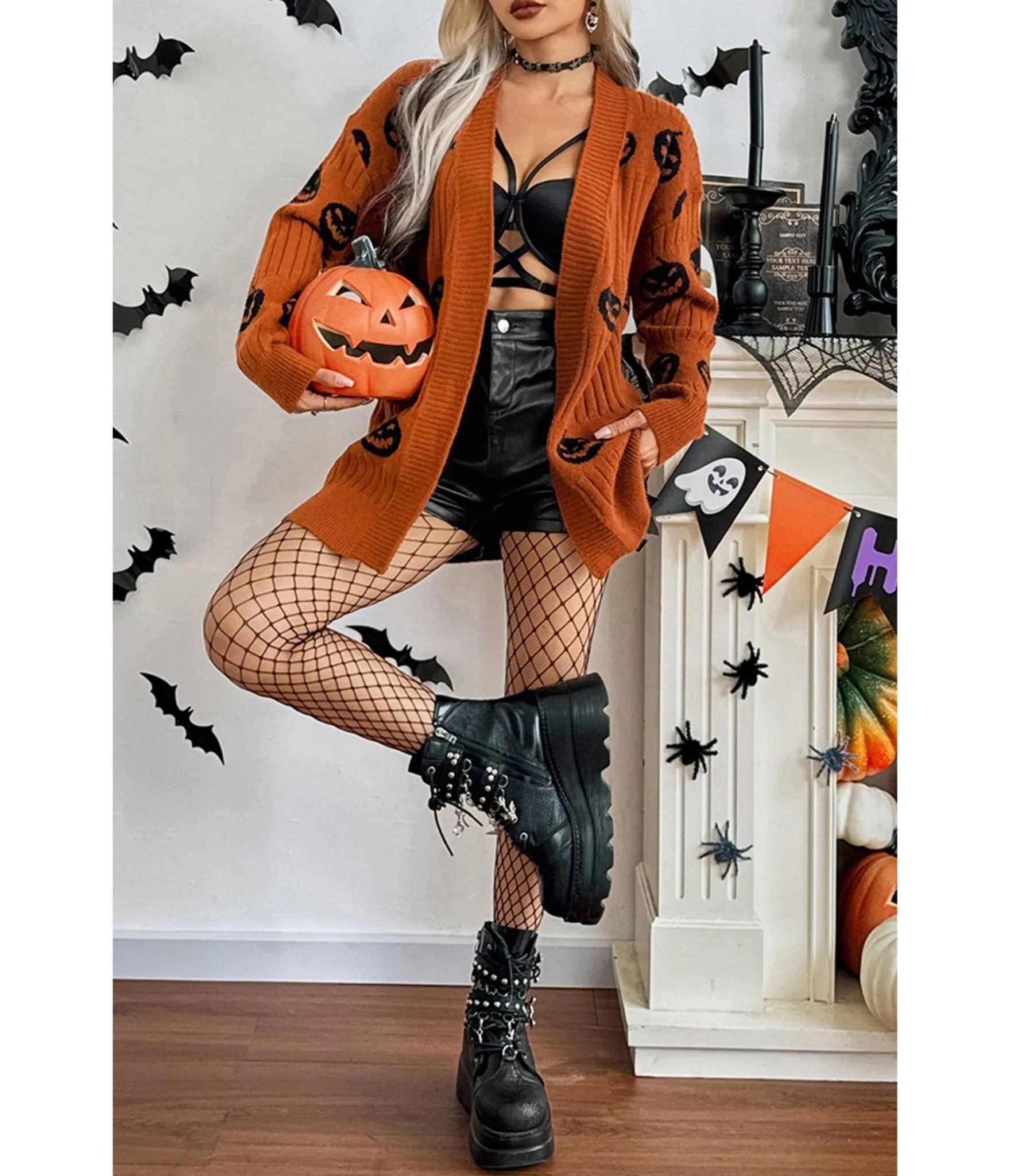 Orange & Black Pumpkin Open Front Cardigan sold by Unique Vintage product image thumbnail 2