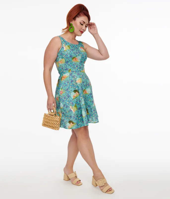 Retrolicious 1950s Blue Cat Leaf Print Cotton Skater Dress sold by Unique Vintage
