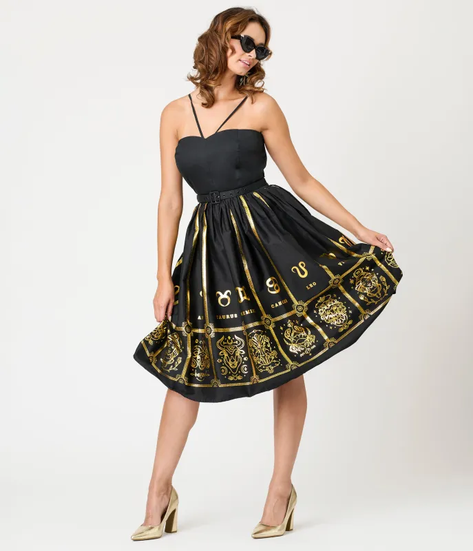 Unique Vintage Black & Gold Astrological Chart Sweetheart Halter Swing Dress sold by Unique Vintage
