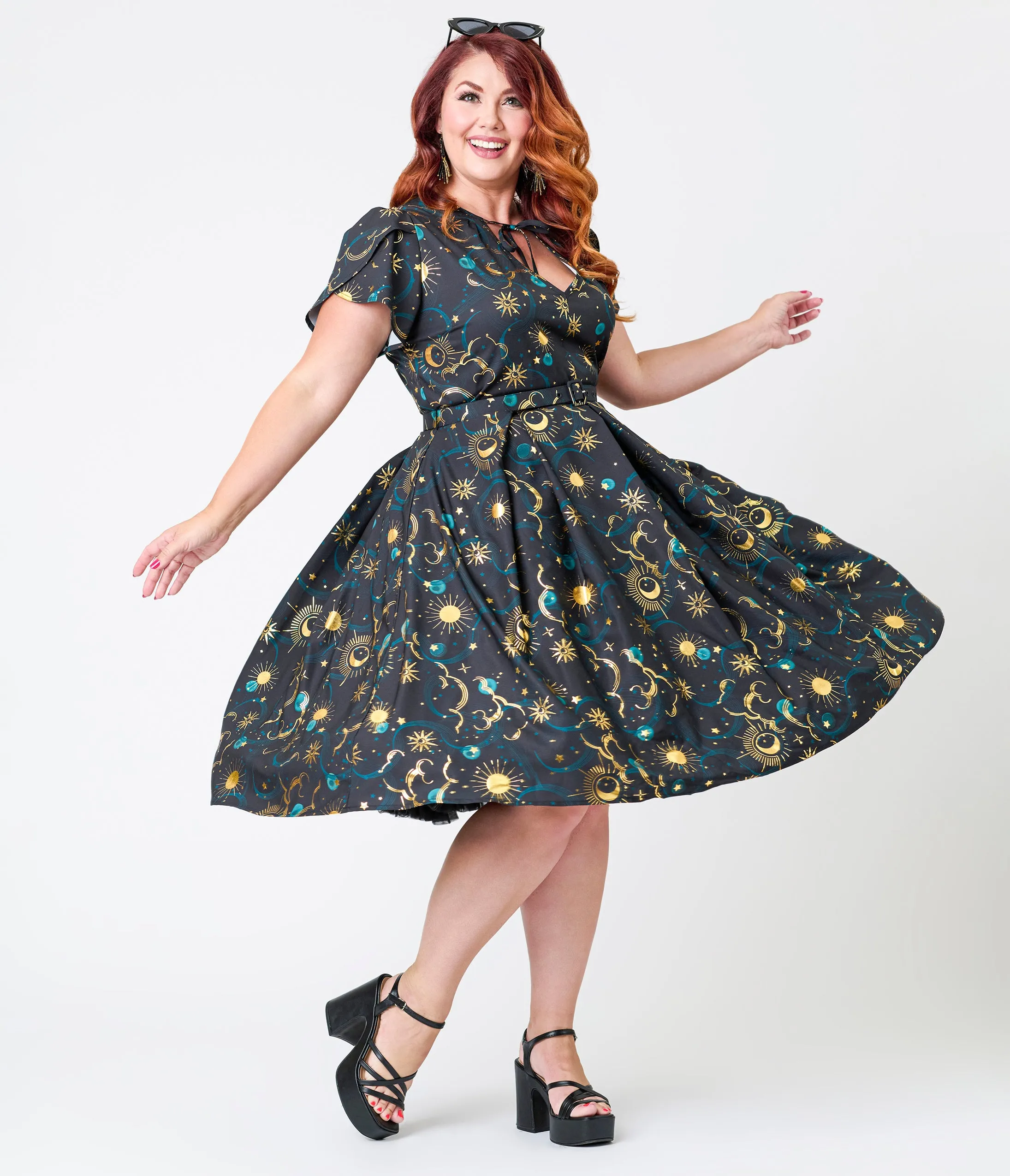Unique Vintage Plus Size Gold Foil Celestial Dahlia Swing Dress sold by Unique Vintage product image thumbnail 3