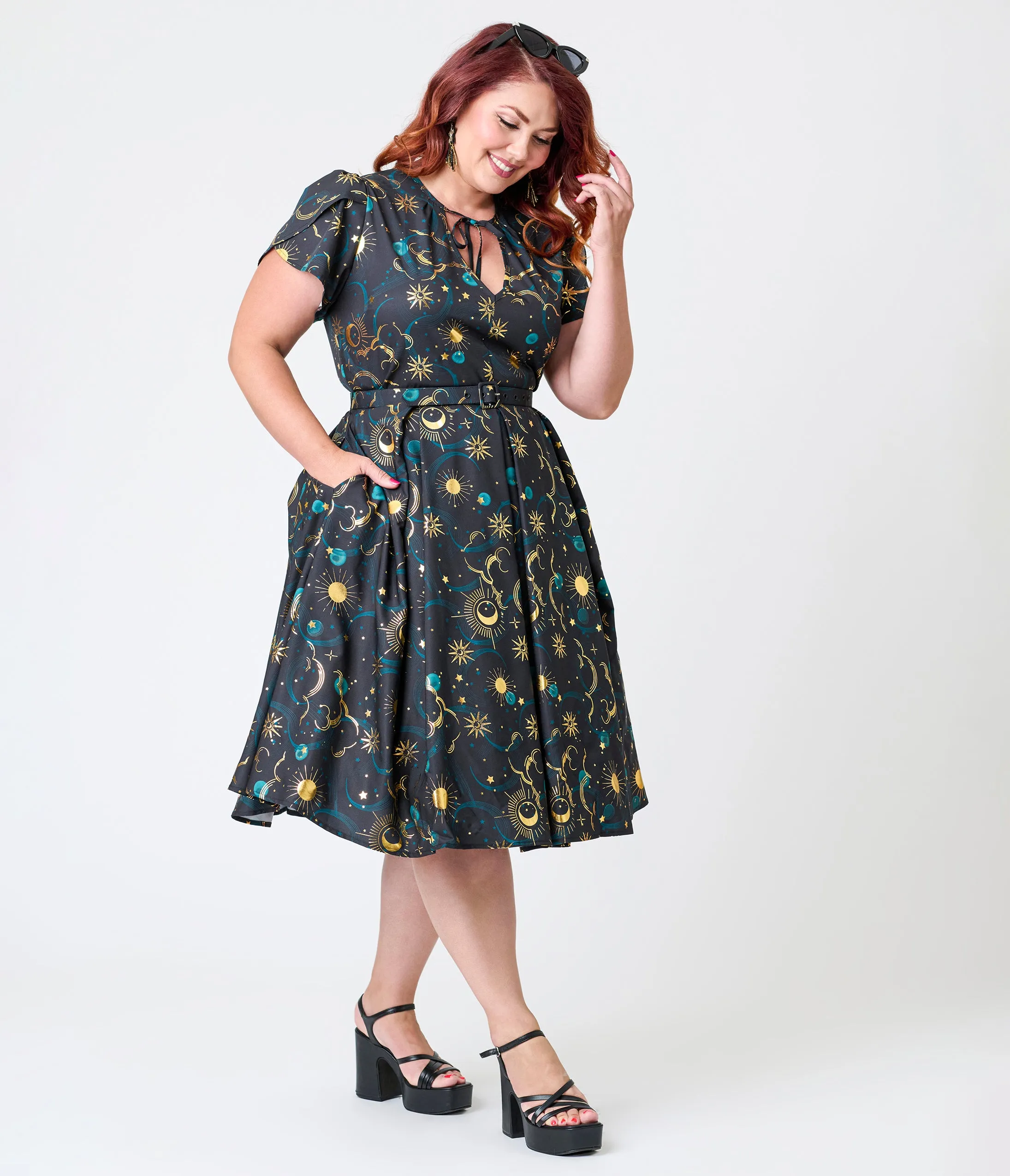 Unique Vintage Plus Size Gold Foil Celestial Dahlia Swing Dress sold by Unique Vintage product image thumbnail 4