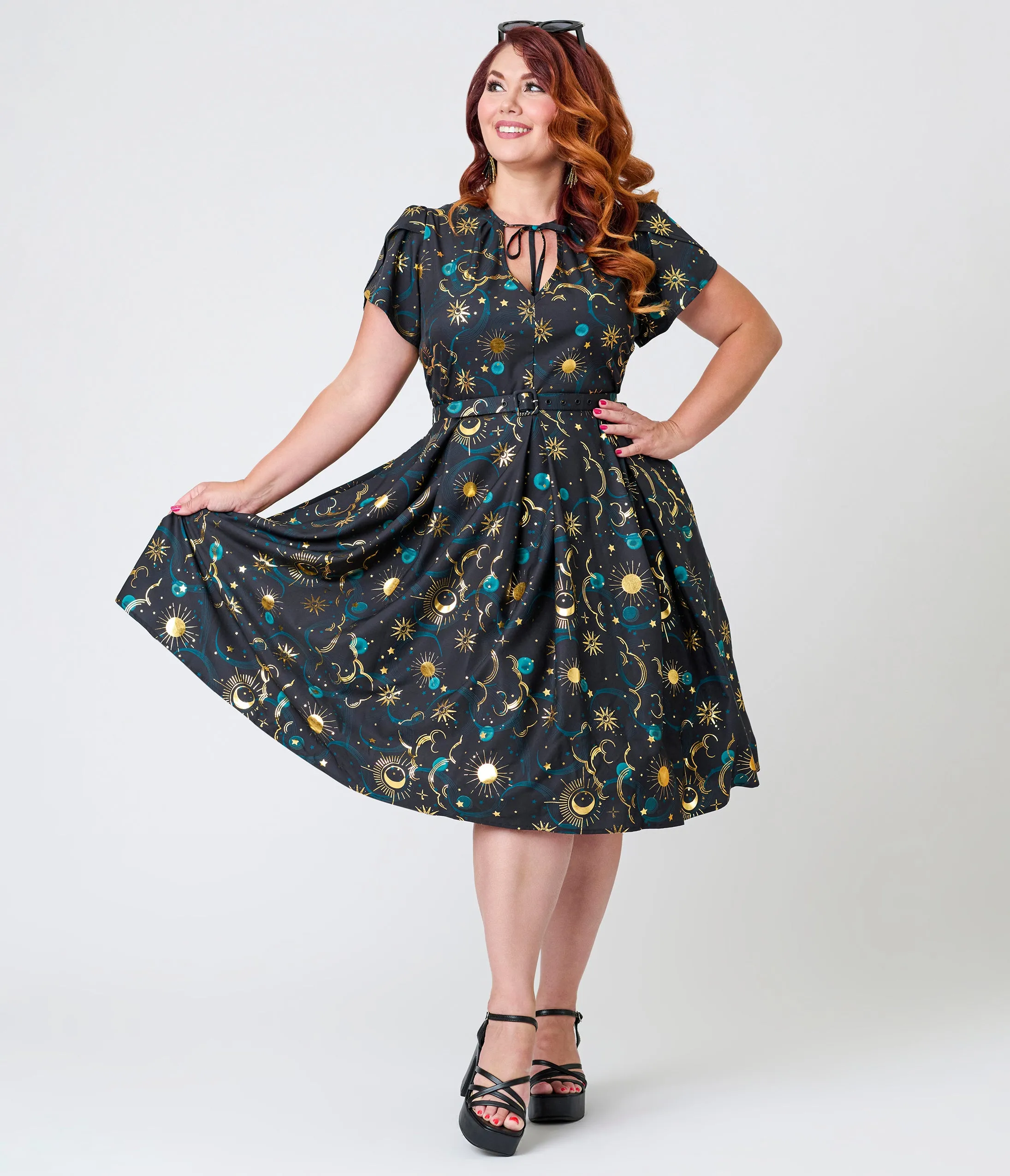 Unique Vintage Plus Size Gold Foil Celestial Dahlia Swing Dress sold by Unique Vintage