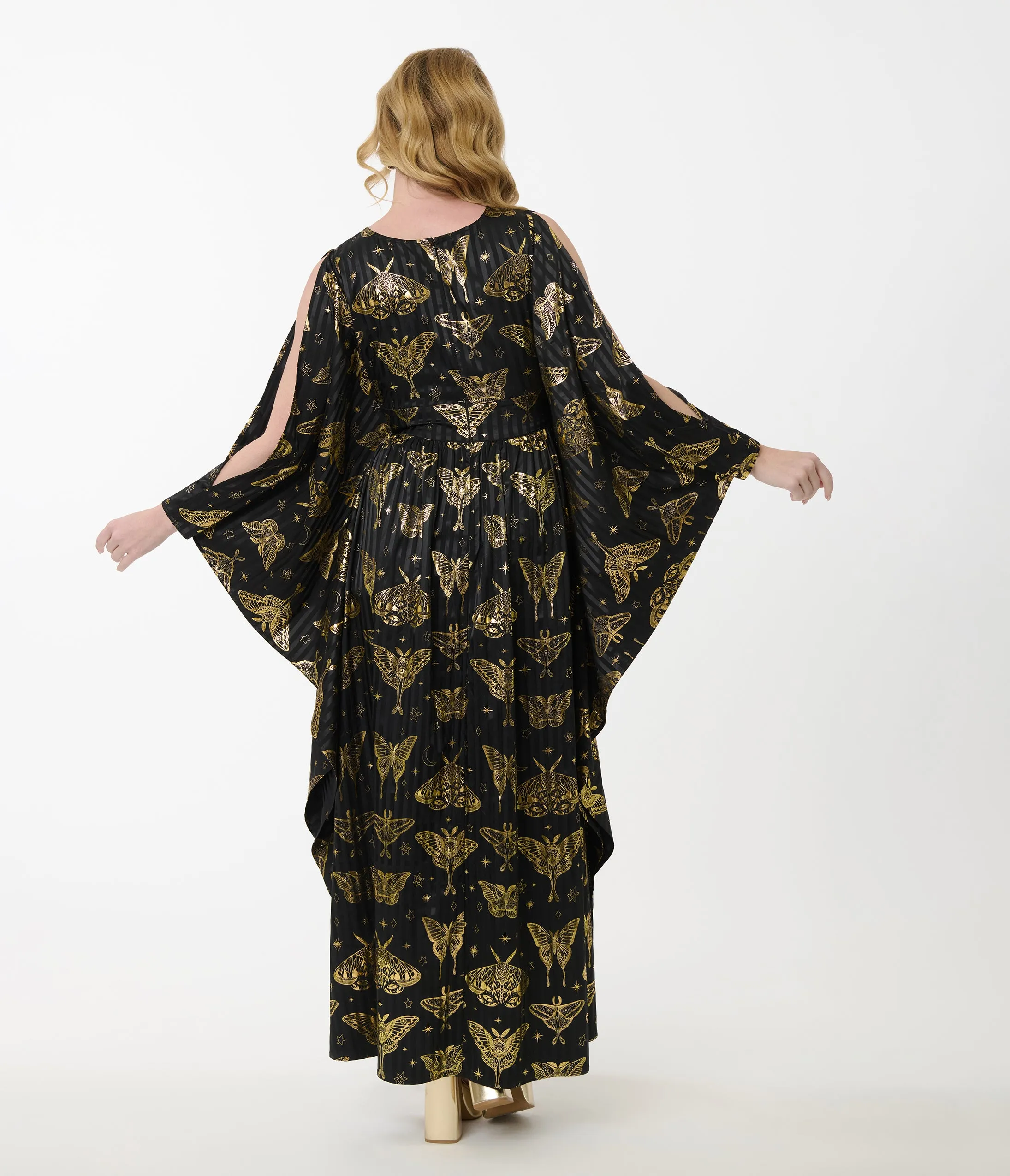 Unique Vintage Black & Gold Moth Flutter Sleeve Caftan sold by Unique Vintage product image thumbnail 3