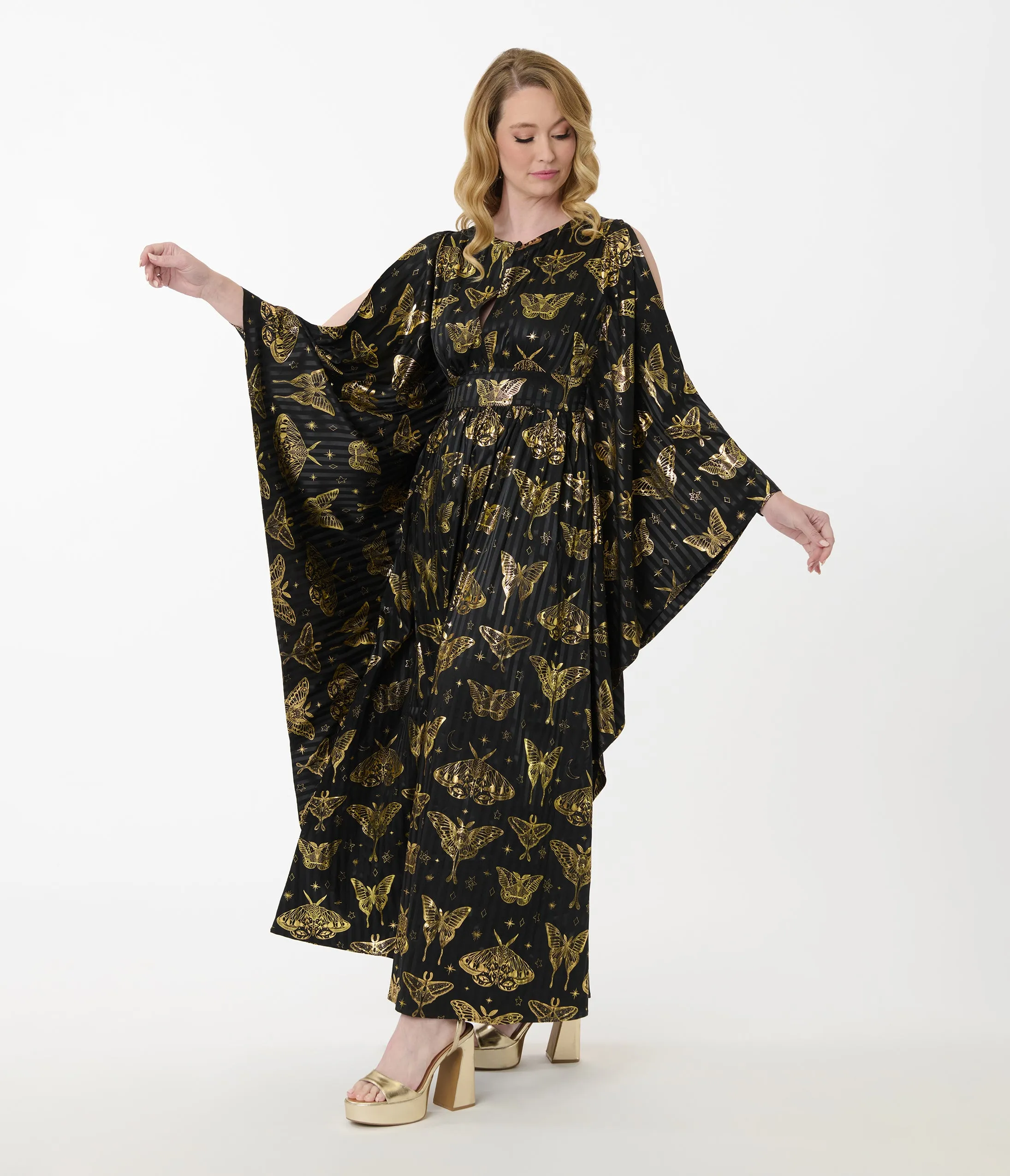 Unique Vintage Black & Gold Moth Flutter Sleeve Caftan sold by Unique Vintage product image thumbnail 4