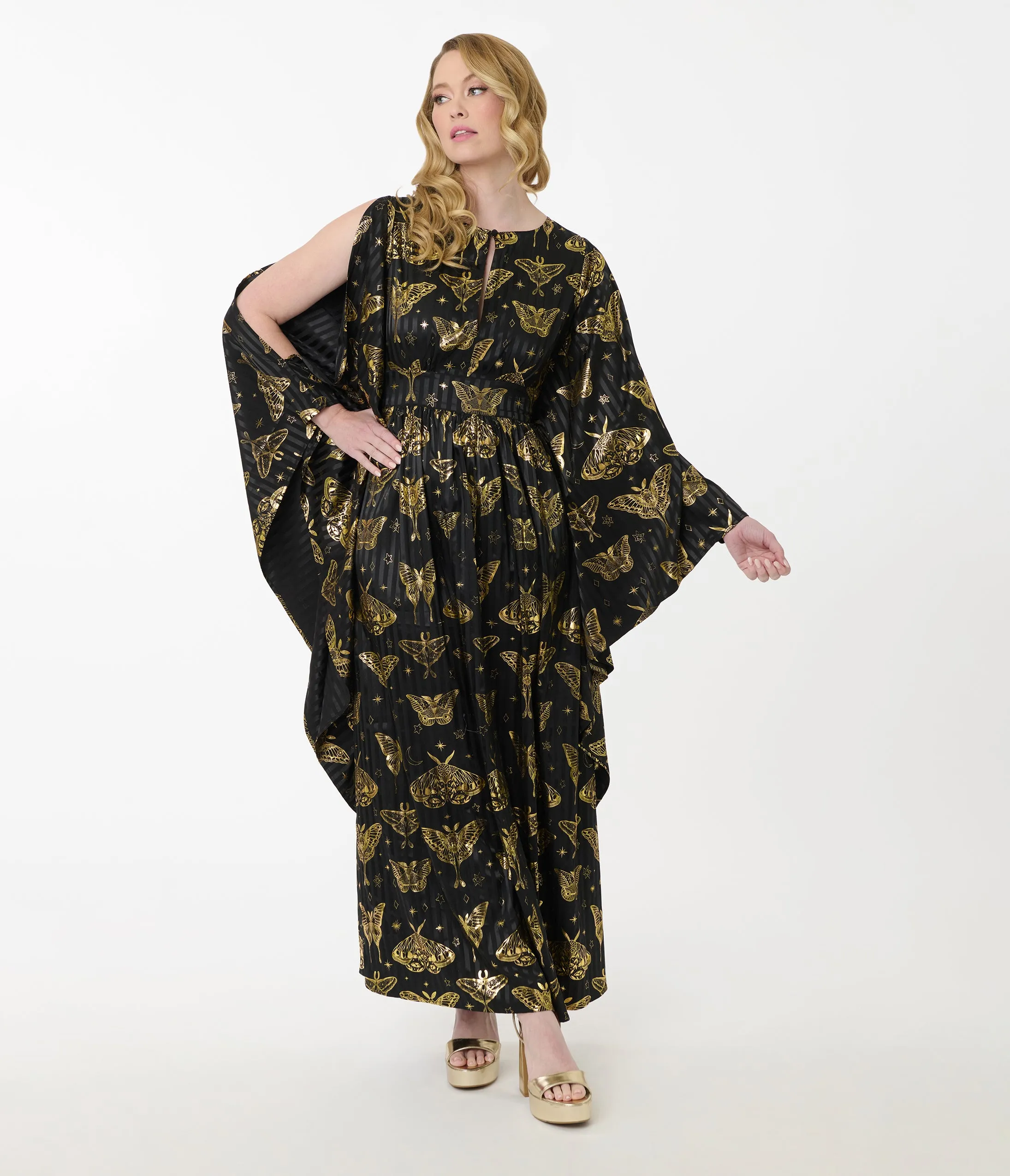 Unique Vintage Black & Gold Moth Flutter Sleeve Caftan sold by Unique Vintage