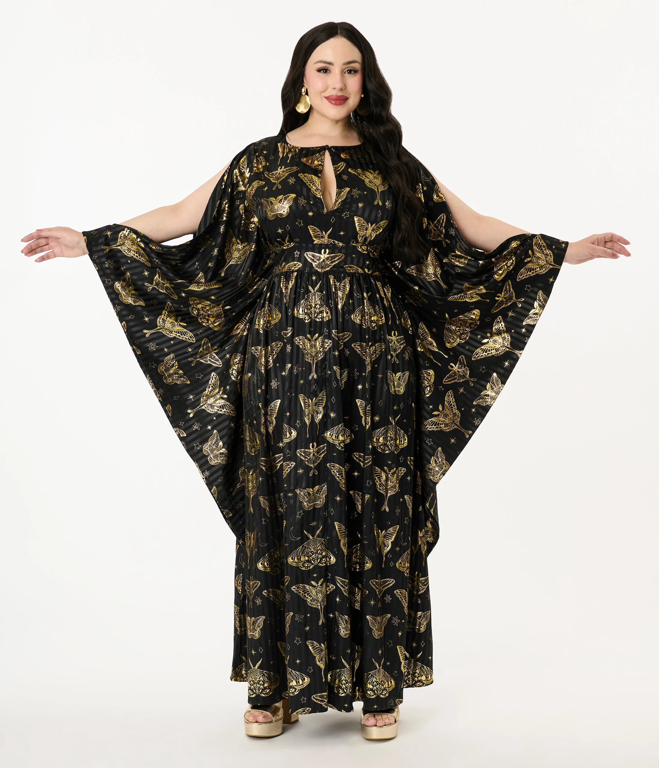 Unique Vintage Plus Size Black & Gold Moth Flutter Sleeve Caftan sold by Unique Vintage product image thumbnail 4