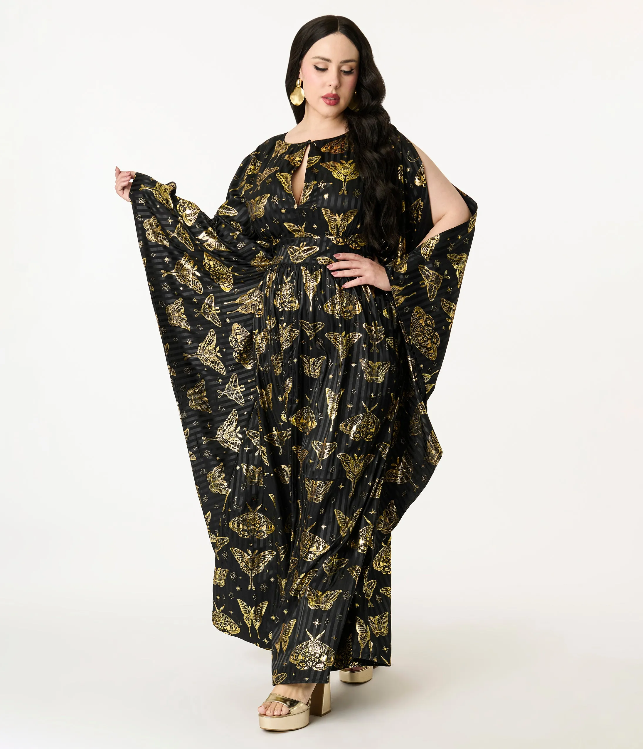 Unique Vintage Plus Size Black & Gold Moth Flutter Sleeve Caftan sold by Unique Vintage