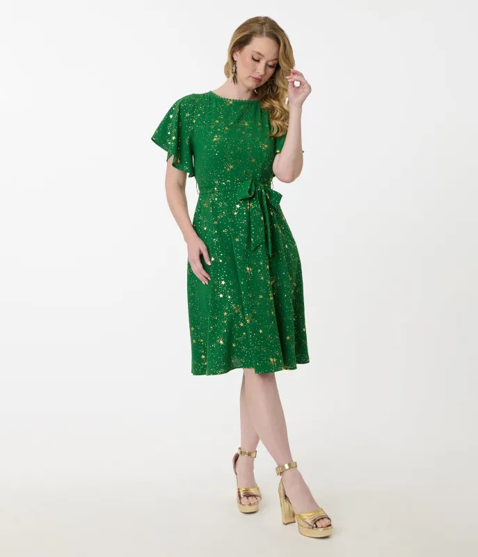 Unique Vintage Green & Gold Star Swing Dress sold by Unique Vintage