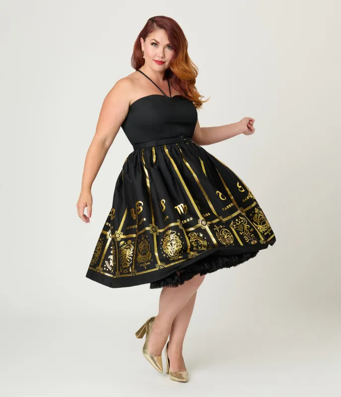Unique Vintage Plus Size Black & Gold Astrological Chart Sweetheart Halter Swing Dress sold by Unique Vintage