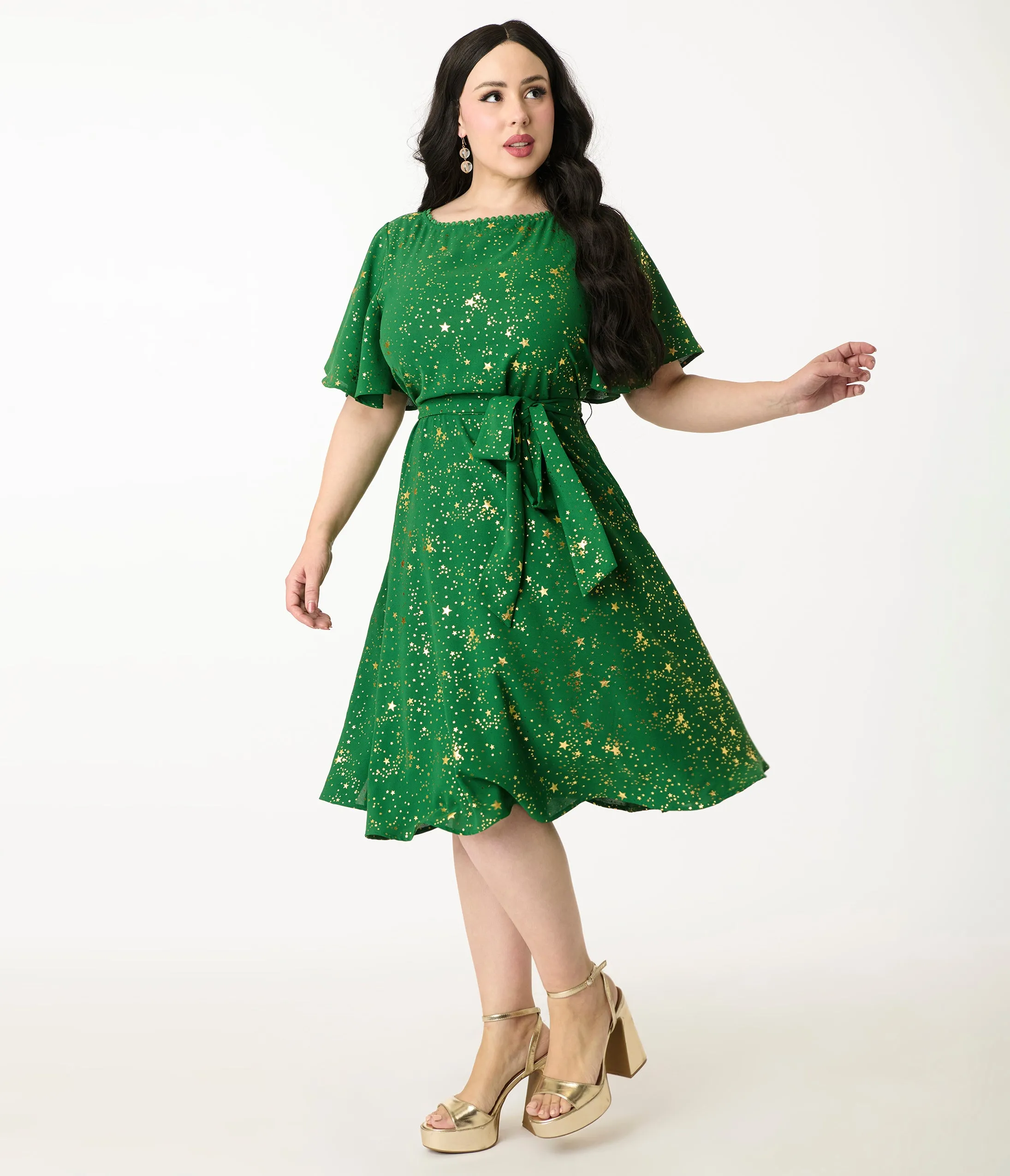 Unique Vintage Plus Size Green & Gold Star Swing Dress sold by Unique Vintage