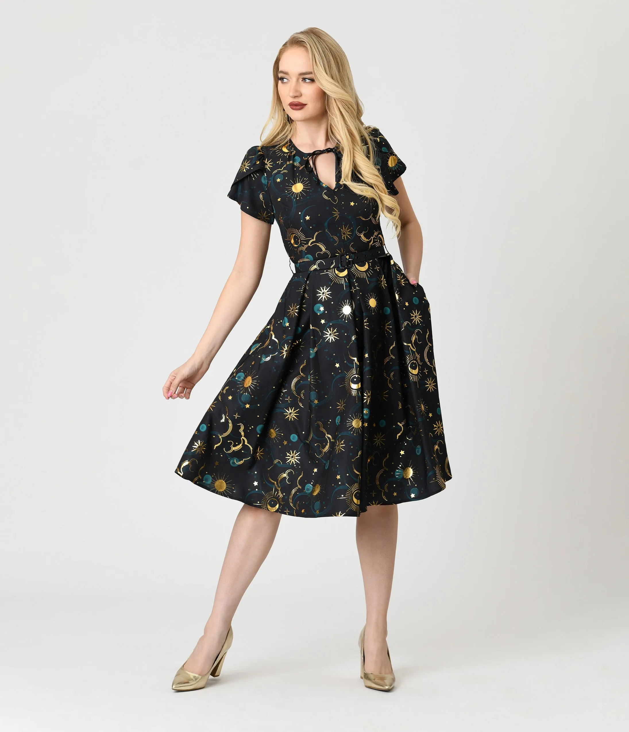 Unique Vintage Gold Foil Celestial Dahlia Swing Dress sold by Unique Vintage