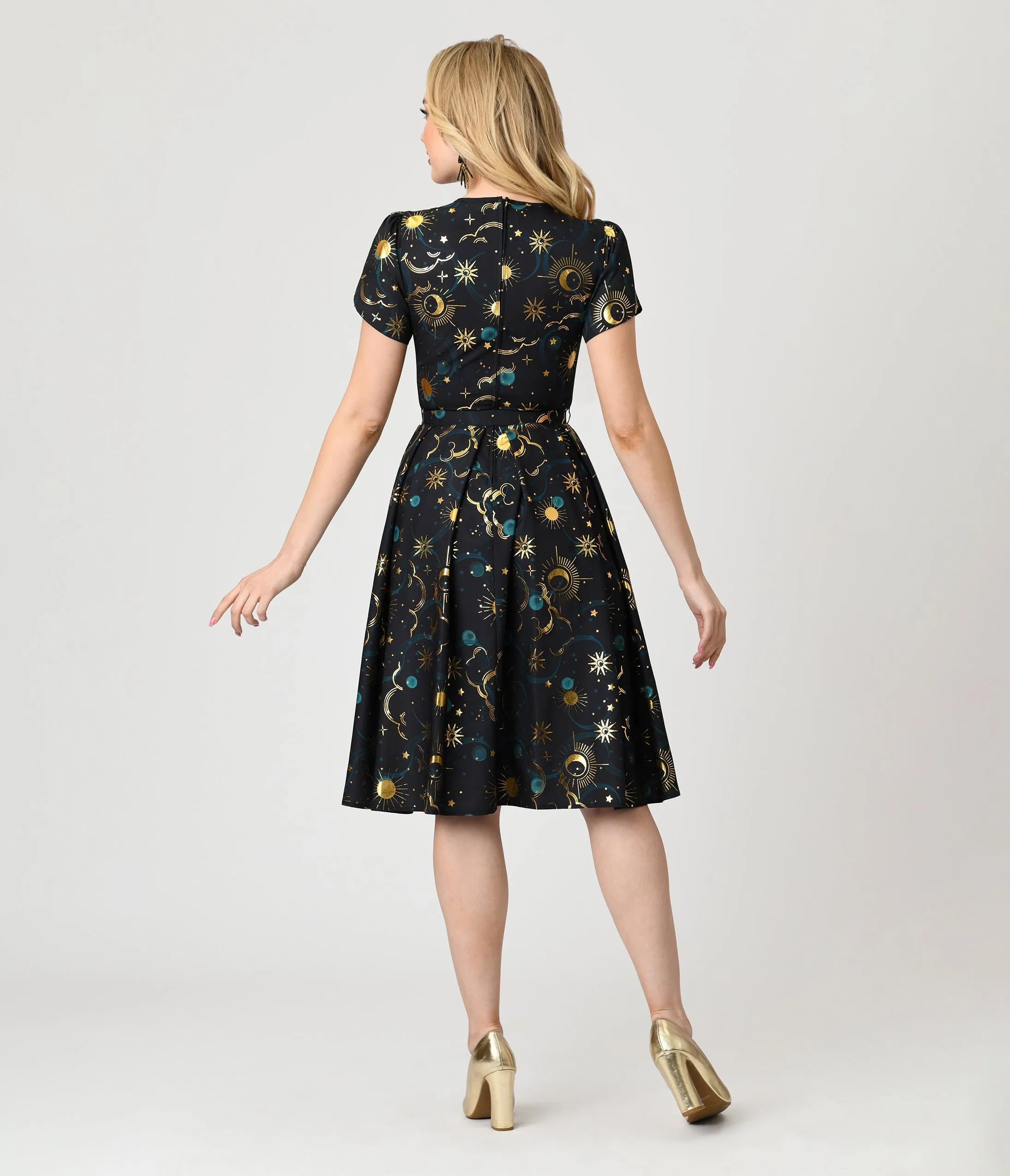 Unique Vintage Gold Foil Celestial Dahlia Swing Dress sold by Unique Vintage product image thumbnail 2