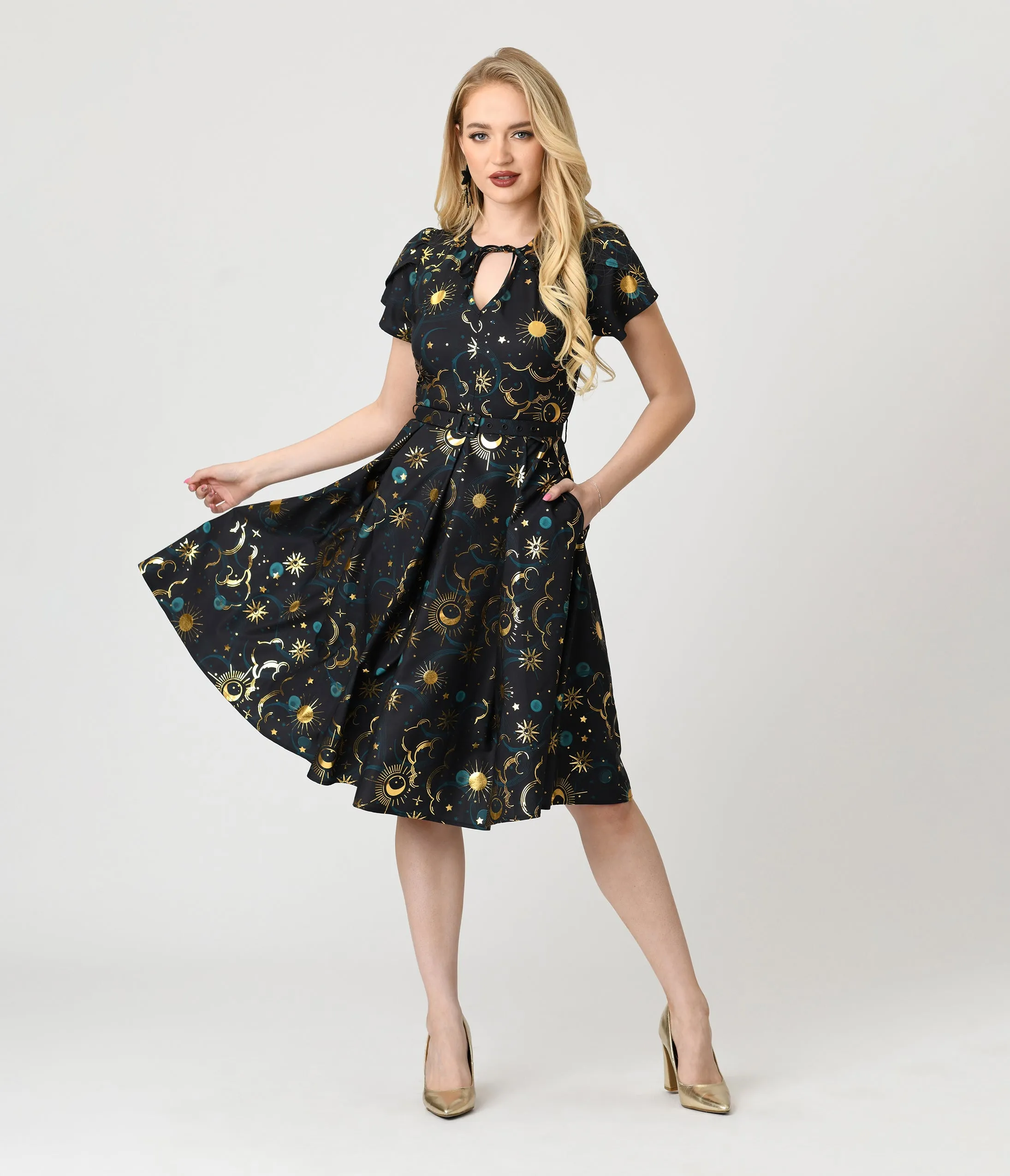 Unique Vintage Gold Foil Celestial Dahlia Swing Dress sold by Unique Vintage product image thumbnail 3
