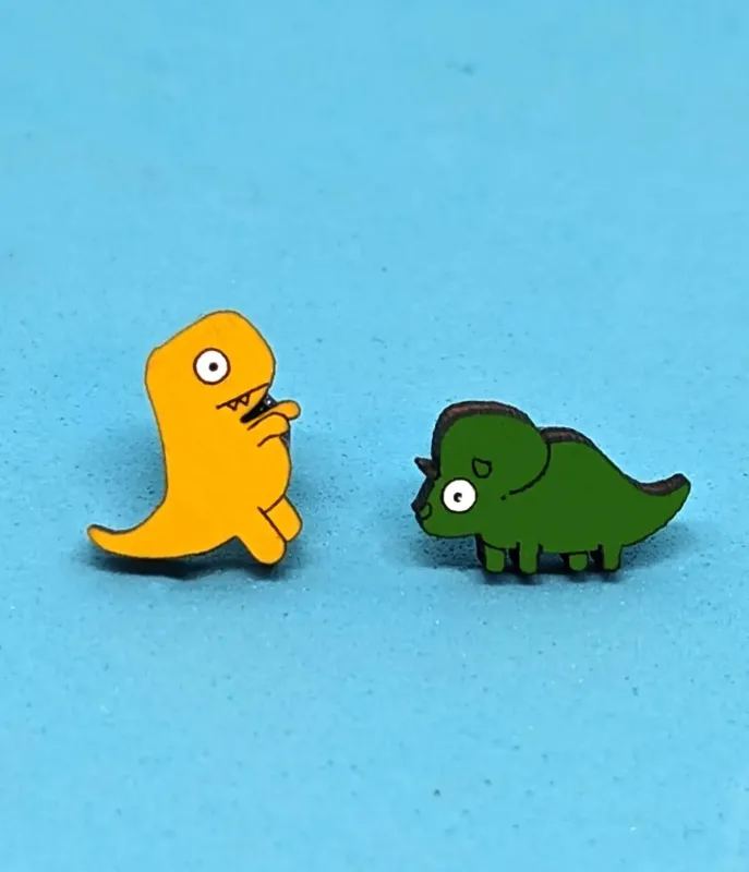 T-Rex & Triceratops Dinosaur Wooden Earrings sold by Unique Vintage
