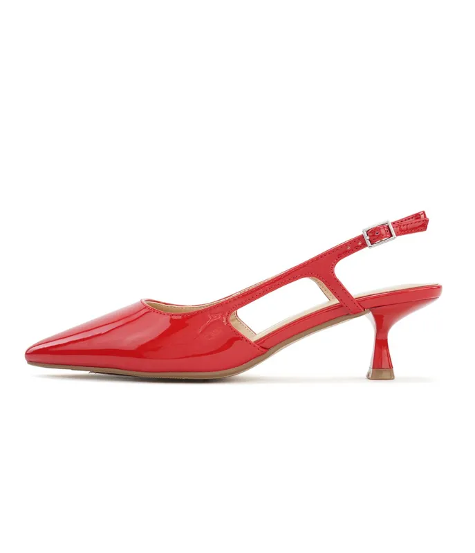 Red Patent Leatherette Bell Pointed Toe Slingback Kitten Heels sold by Unique Vintage