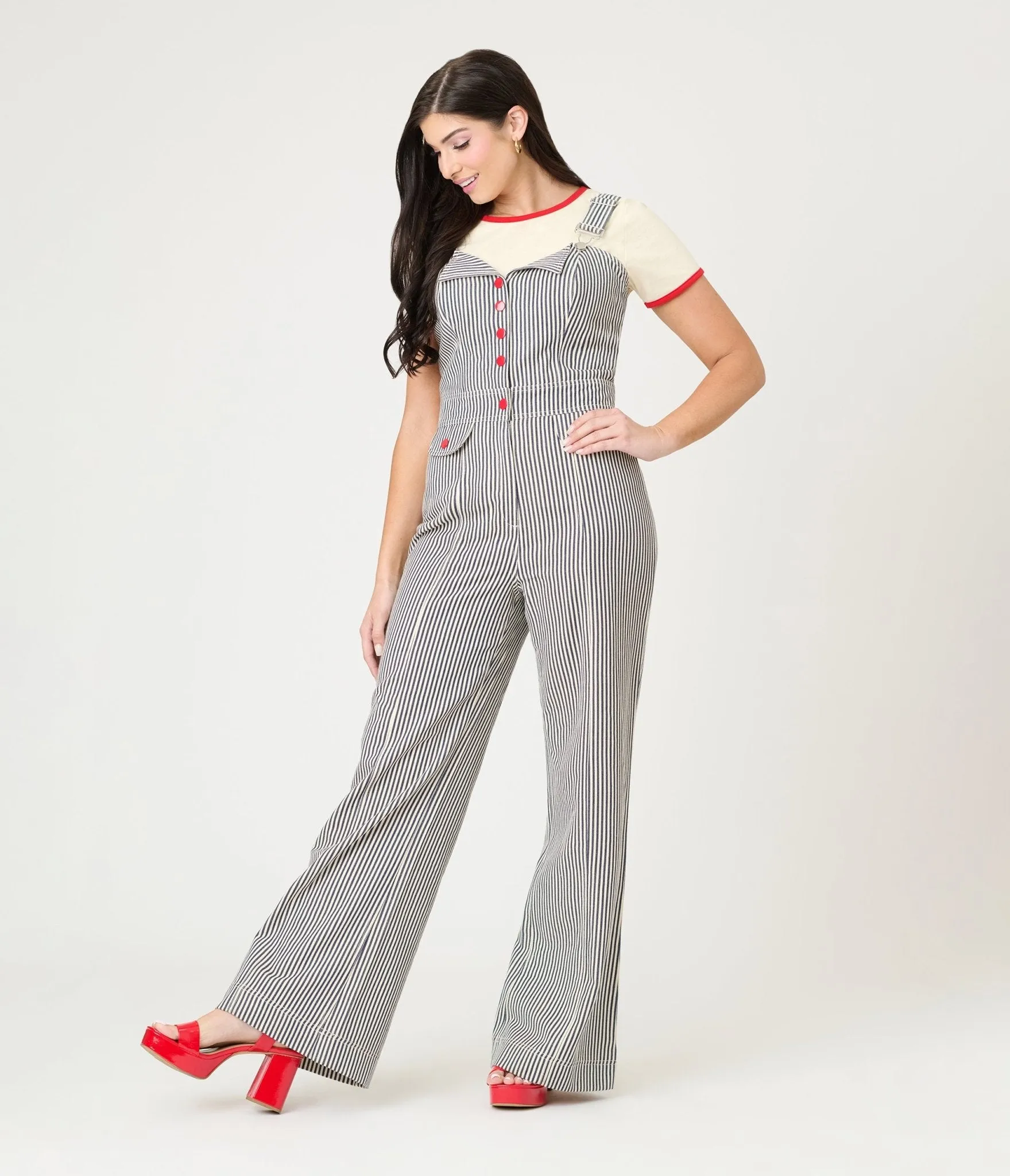 Smak Parlour Navy Railroad Stripes Wide Leg Dungarees sold by Unique Vintage